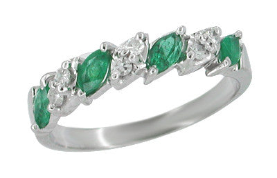 Vintage Mid Century Emerald and Diamond Anniversary Ring in 14 Karat White Gold