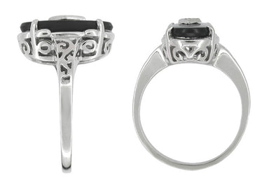 Art Deco Filigree Onyx and Diamond Antique Statement Ring in 14 Karat White Gold - alternate view