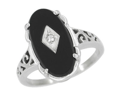 Art Deco Filigree Onyx and Diamond Antique Statement Ring in 14 Karat White Gold