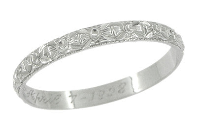 Antique Edwardian Millgrain Flowers Engraved Wedding Ring in 18 Karat White Gold - Size 8