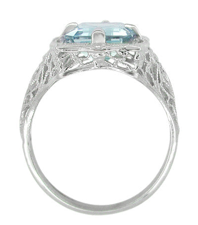 Art Nouveau Filigree Emerald Cut Aquamarine Ring in 14 Karat White Gold - Item: R612 - Image: 4