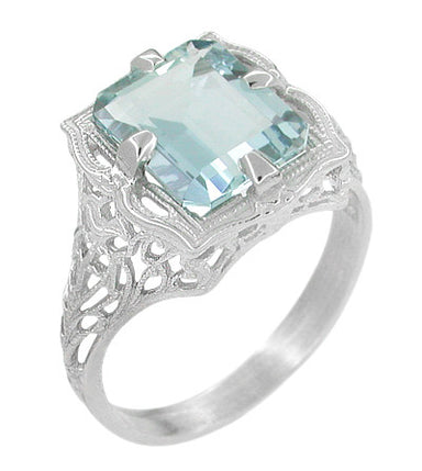Art Nouveau Filigree Emerald Cut Aquamarine Ring in 14 Karat White Gold