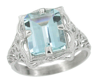 Art Nouveau Filigree Emerald Cut Aquamarine Ring in 14 Karat White Gold - Item: R612 - Image: 2