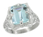 Art Nouveau Filigree Emerald Cut Aquamarine Ring in 14 Karat White Gold