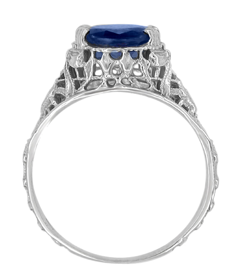 Edwardian Lilies East to West Oval Blue Sapphire Filigree Ring in 14 Karat White Gold - Item: R614 - Image: 3