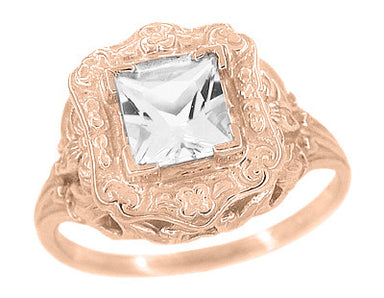 Princess Cut White Topaz Art Nouveau Ring in 14 Karat Rose Gold