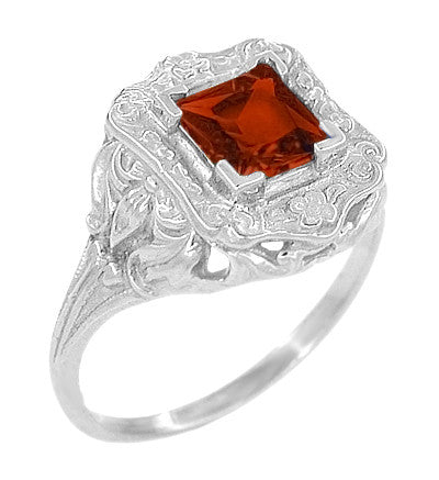 Art Nouveau Square Garnet Ring in 14K White Gold - 1910 Vintage Design - Item: R615WG - Image: 2