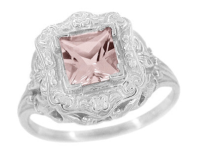 Princess Cut Morganite Art Nouveau Ring in 14 Karat White Gold - Item: R615WM - Image: 2