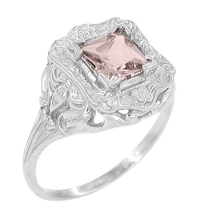 Princess Cut Morganite Art Nouveau Ring in 14 Karat White Gold