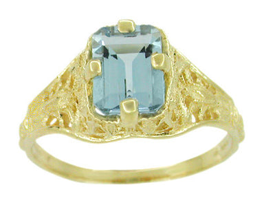 Art Deco Emerald Cut Aquamarine Filigree Engagement Ring in 18 Karat Yellow Gold - alternate view