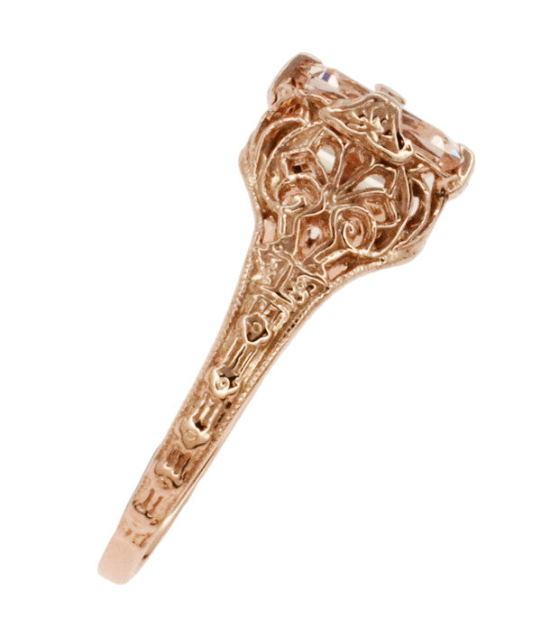 Edwardian Emerald Cut Morganite Engagement Ring in 14K Rose Gold Filigree - Item: R617RM - Image: 3
