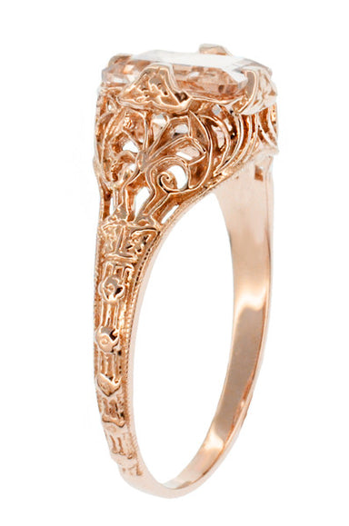 Edwardian Emerald Cut Morganite Engagement Ring in 14K Rose Gold Filigree - alternate view