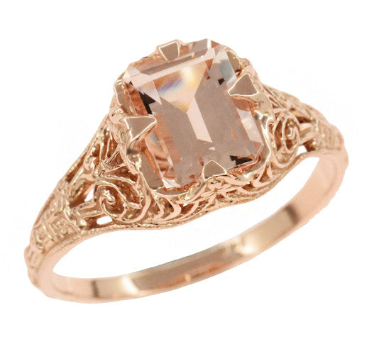 Edwardian Emerald Cut Morganite Engagement Ring in 14K Rose Gold Filigree