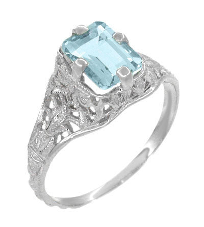 Art Deco Emerald Cut Aquamarine Filigree Engagement Ring in 18 Karat White Gold - Item: R617W - Image: 3