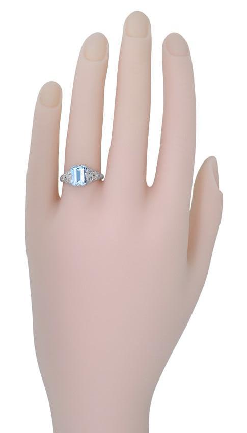 Art Deco Emerald Cut Aquamarine Filigree Engagement Ring in 18 Karat White Gold - Item: R617W - Image: 5