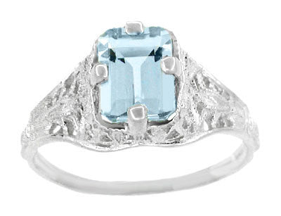 Art Deco Emerald Cut Aquamarine Filigree Engagement Ring in 18 Karat White Gold