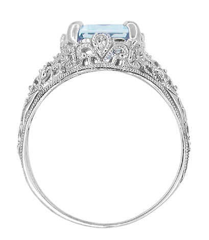 Emerald Cut Aquamarine Filigree Edwardian Engagement Ring in 14 Karat White Gold - Item: R618 - Image: 4