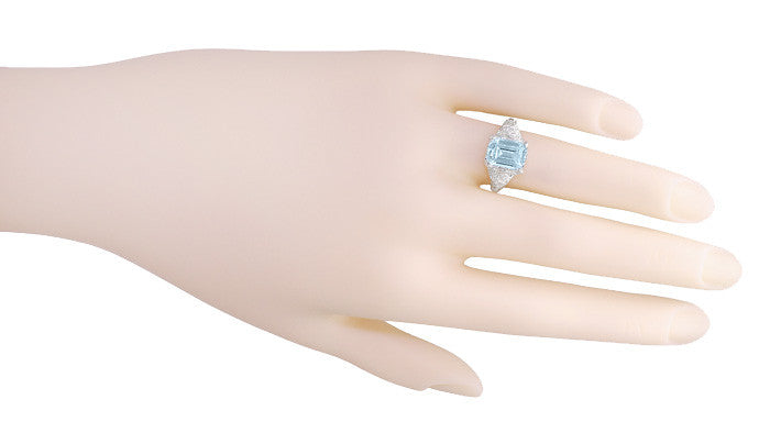 Platinum Filigree Emerald Cut Aquamarine Edwardian Engagement Ring - Item: R618P - Image: 5