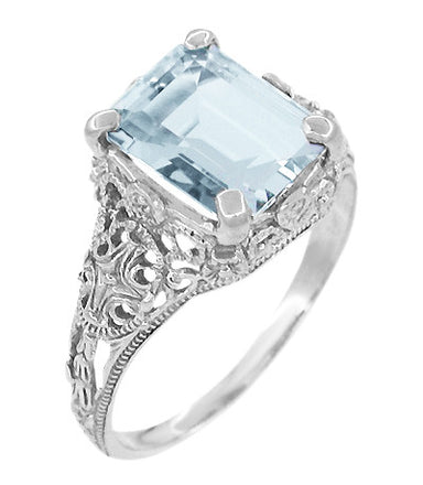 Platinum Filigree Emerald Cut Aquamarine Edwardian Engagement Ring - alternate view