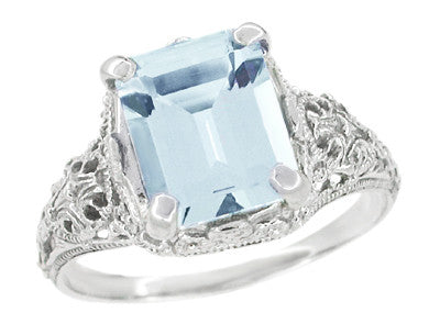 Platinum Filigree Emerald Cut Aquamarine Edwardian Engagement Ring