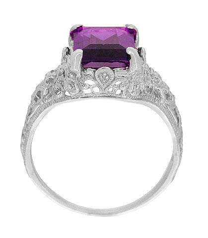 Edwardian Filigree Emerald Cut Amethyst Engagement Ring in Platinum - Item: R618PAM - Image: 3