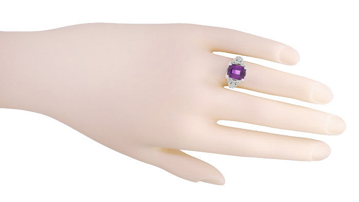 Edwardian Filigree Emerald Cut Amethyst Engagement Ring in Platinum - Item: R618PAM - Image: 5