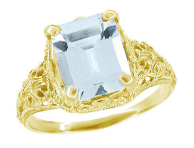 Yellow Gold Aquamarine Vintage Engagement Ring - Edwardian Filigree with Emerald Cut Rectangular Stone - R618Y