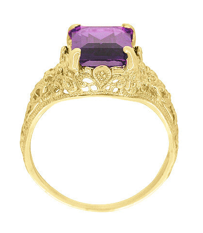 Yellow Gold Edwardian Filigree Emerald Cut Amethyst Engagement Ring - Item: R618YAM - Image: 3