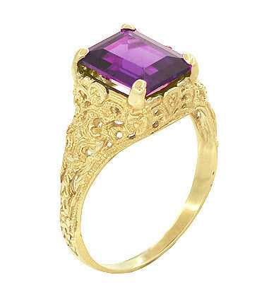 Yellow Gold Edwardian Filigree Emerald Cut Amethyst Engagement Ring - Item: R618YAM - Image: 2