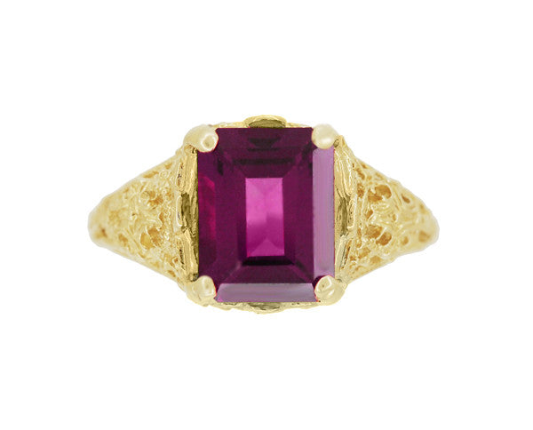 Edwardian Filigree Emerald Cut Rhodolite Garnet Engagement Ring in 14 Karat Yellow Gold - Item: R618YG - Image: 4
