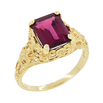 Edwardian Yellow Gold Filigree Emerald Cut Rhodolite Antique Engagement Ring  — Antique Jewelry Mall