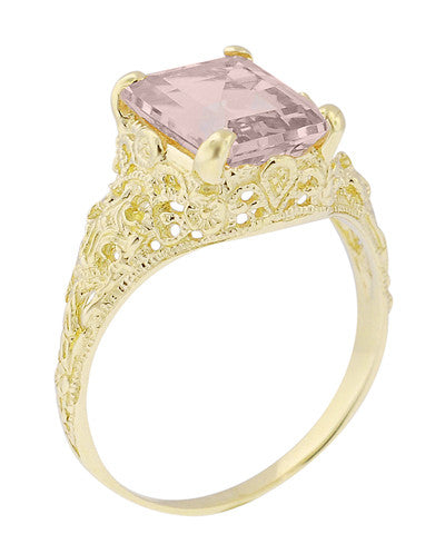 Emerald Cut Morganite Filigree Edwardian Engagement Ring in 14 Karat Yellow Gold - Item: R618YM - Image: 3