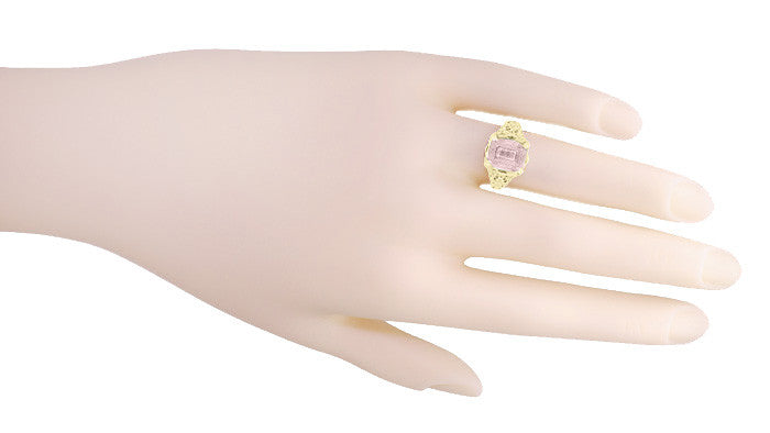 Emerald Cut Morganite Filigree Edwardian Engagement Ring in 14 Karat Yellow Gold - Item: R618YM - Image: 5