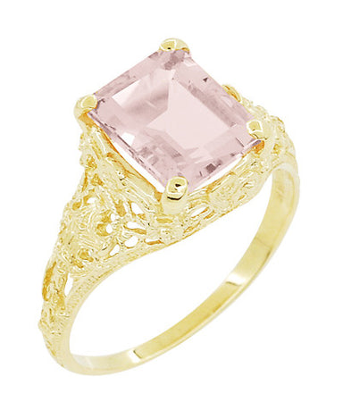 Emerald Cut Morganite Filigree Edwardian Engagement Ring in 14 Karat Yellow Gold - alternate view