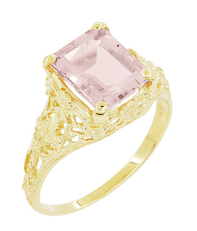 Emerald Cut Morganite Filigree Edwardian Engagement Ring in 14 Karat Yellow Gold - Item: R618YM - Image: 2