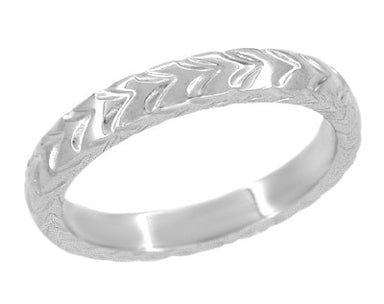 Art Deco 3mm Chevron Carved Sculptural Wheat Pattern Wedding Band in White Gold