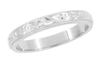 Art Deco Flowers and Leaves Millgrain Edge Engraved Wedding Band in White Gold