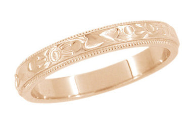 Art Deco Flowers and Leaves Millgrain Edge Engraved Wedding Band in 14 Karat Rose ( Pink ) Gold