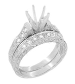 Art Deco Engraved Scrolls 1 Carat Diamond Engagement Ring Setting and Wedding Ring Set in White Gold