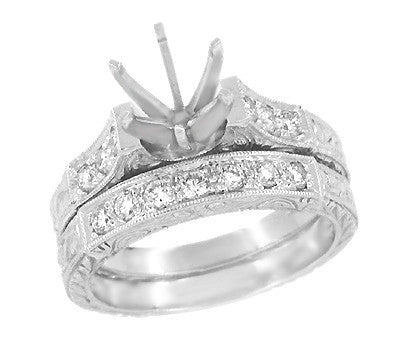 6 Prong Art Deco Platinum Vintage Bridal Ring Set for a 1 Carat Round Diamond - Wedding Ring and Engagement Ring Semimount with Side Diamonds - R628P - R628P