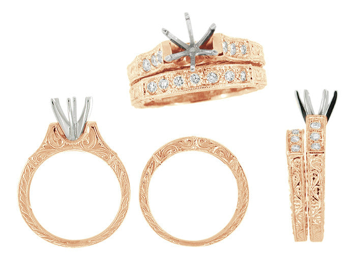 Art Deco Antique Bridal Semimount 2 Ring Set in 14K Rose Gold with Engraved Scrolls Pattern on Sides - Ring Setting for a 1 Ct Round Diamond with Matching Diamond Wedding Ring - R628R