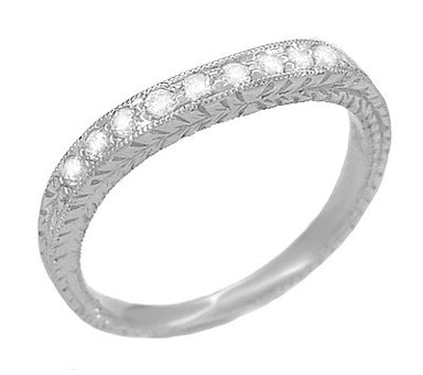 Art Deco Curved Engraved Wheat Diamond Wedding Band in 14 Karat White Gold - alternate view