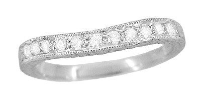Art Deco Curved Engraved Wheat Diamond Wedding Band in 14 Karat White Gold
