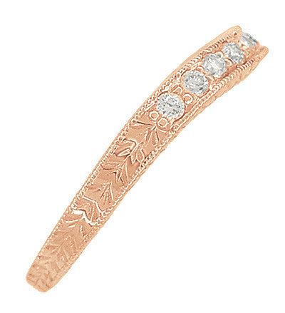 Art Deco White Sapphire Engraved Curved Wheat Engraved Wedding Band in 14 Karat Rose ( Pink ) Gold - Item: R635RWS - Image: 4