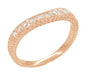 Art Deco White Sapphire Engraved Curved Wheat Engraved Wedding Band in 14 Karat Rose ( Pink ) Gold