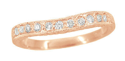 Art Deco White Sapphire Engraved Curved Wheat Engraved Wedding Band in 14 Karat Rose ( Pink ) Gold