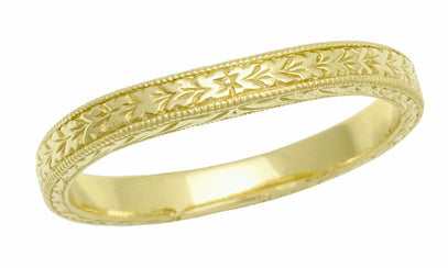 Art Deco Yellow Gold Curved Engraved Wheat Wedding Band with Milgrain Edges