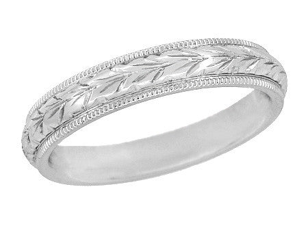 Art Deco Millgrain Edge Hand Engraved Wheat Antique Wedding Ring in White Gold - 14K or 18K - 4mm Wide - R636