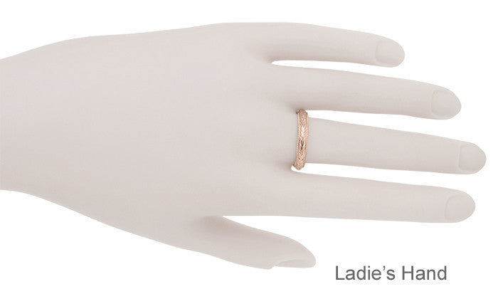 Art Deco Hand Engraved Wheat Wedding Ring in 14 Karat Rose Gold with Millgrain Edge - 4mm Wide - Item: R636R - Image: 4