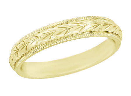 Yellow Gold 4mm Art Deco Hand Carved Wheat Antique Wedding Ring with Milgrain Edges - 14K or 18K - R636Y